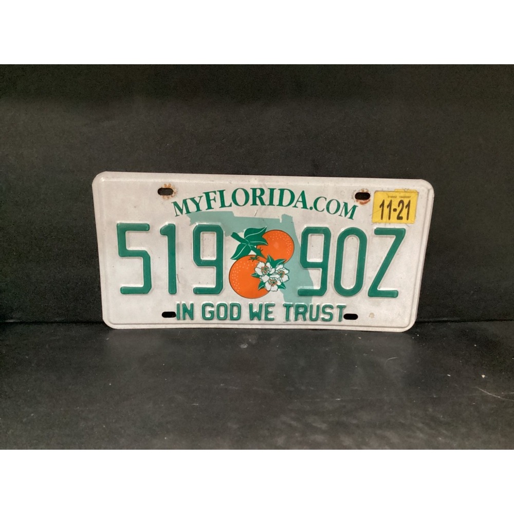 Florida License Plate Tag Double Oranges Graphic 519 90Z, 2021, In God We Trust